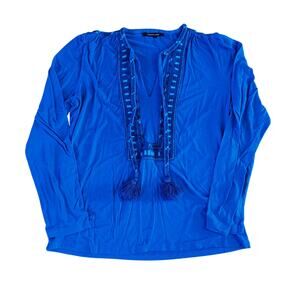 Kobi Halperin Blue Embroidered Tassel Boho Tunic Top | L